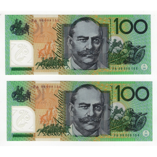 450 - Australia 100 Dollars dated 1996, signed Evans & Fraser, a consecutively numbered pair, serial FA 96... 