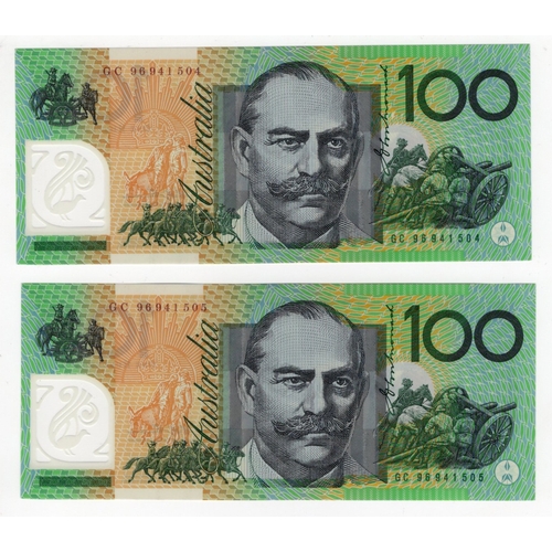 451 - Australia 100 Dollars dated 1996, signed Evans & Fraser, a consecutively numbered pair, serial GC 96... 