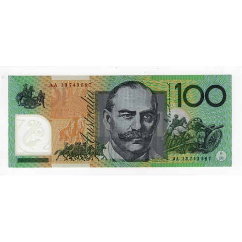 452 - Australia 100 Dollars dated 2013, signed Stevens & Parkinson, rarer FIRST prefix, serial AA 13 74359... 