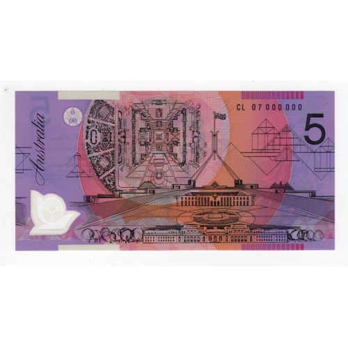 456 - Australia 5 Dollars dated 2007, signed Stevens & Henry, scarce SPECIMEN note, serial CL 07 000000 (B... 