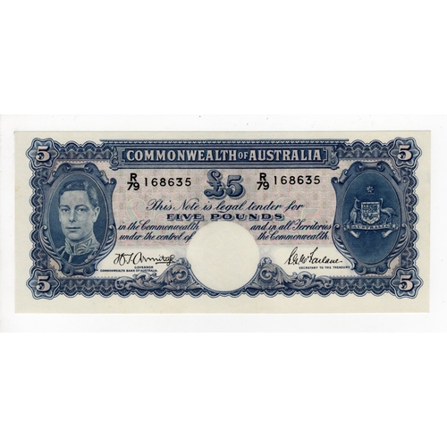 457 - Australia 5 Pounds issued 1941, signed Armitage & McFarlane, portrait King George VI at left, a cons... 