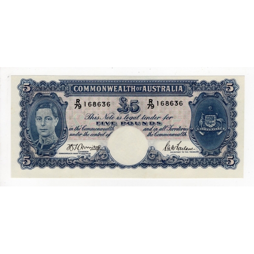 458 - Australia 5 Pounds issued 1941, signed Armitage & McFarlane, portrait King George VI at left, a cons... 