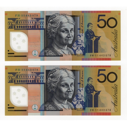 459 - Australia 50 Dollars (2) dated 2011, signed Stevens & Henry, a consecutively numbered pair, serial F... 