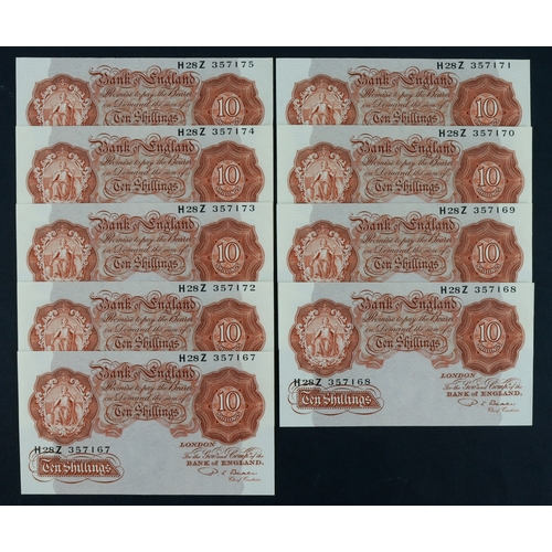 46 - Beale 10 Shillings (B266) issued 1950 (9), a consecutively numbered run, serial H28Z 357167 - H28Z 3... 