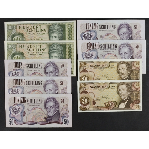 464 - Austria (9), 100 Schilling dated 1969 (2), 50 Schilling dated 1970 (5), 20 Schilling dated 1967 (2),... 