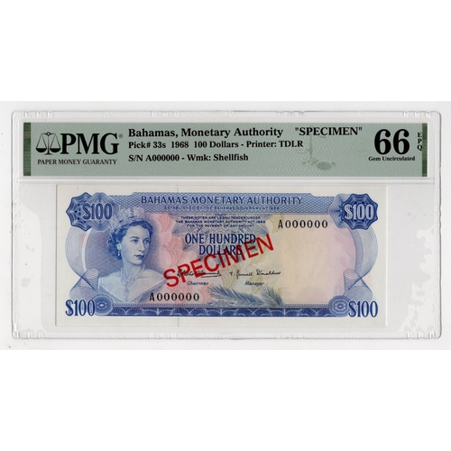 473 - Bahamas 100 Dollars SPECIMEN note dated 1968, serial A000000, diagonal red 'SPECIMEN' overprint on b... 