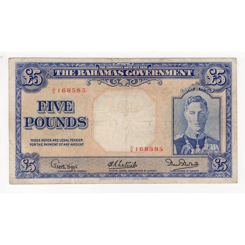 476 - Bahamas 5 Pounds issued 1947 (Law 1936), portrait King George VI at right, serial A/2 168585 (BNB B1... 