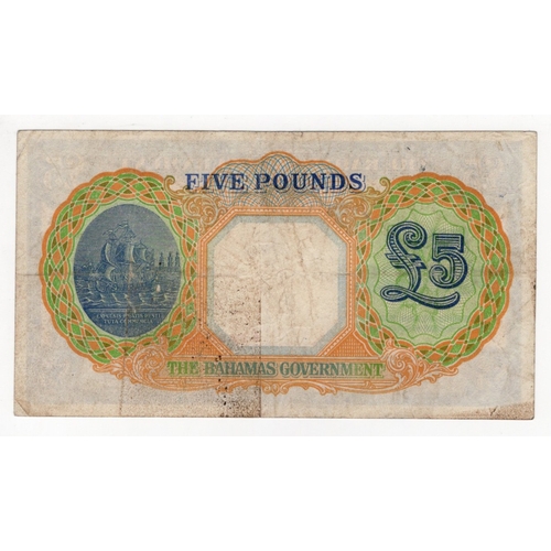 476 - Bahamas 5 Pounds issued 1947 (Law 1936), portrait King George VI at right, serial A/2 168585 (BNB B1... 