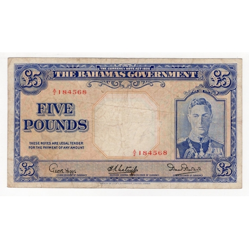 477 - Bahamas 5 Pounds issued 1947 (Law 1936), portrait King George VI at right, serial A/2 184568 (BNB B1... 