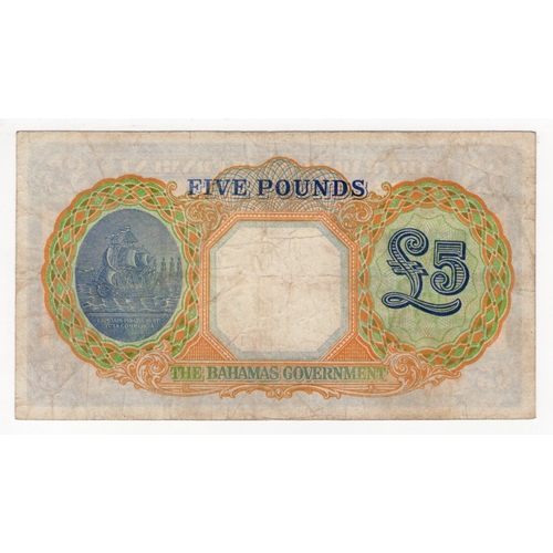 477 - Bahamas 5 Pounds issued 1947 (Law 1936), portrait King George VI at right, serial A/2 184568 (BNB B1... 