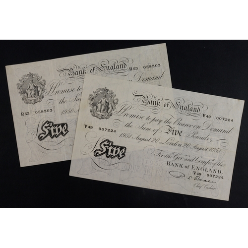 48 - Beale 5 Pounds (2) dated 17th May 1950 and 20th August 1951, serial R53 058303 & V49 007224 (B270, P... 