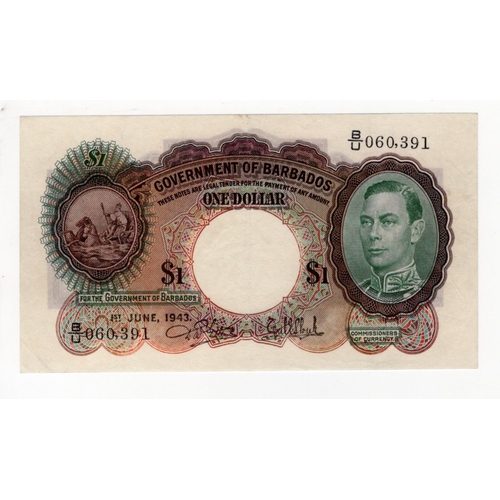 480 - Barbados 1 Dollar dated 1st June 1943, portrait King George VI at right, serial B/U 060,391 (BNB B10... 