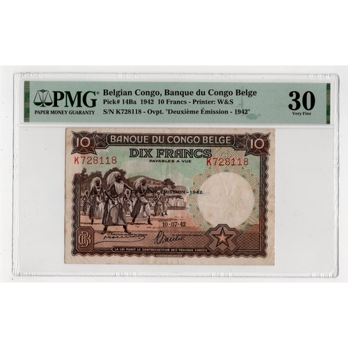 481 - Belgian Congo 10 Francs dated 10th July 1942, overprint 'Deuxieme Emission - 1942, serial K728118 (B... 