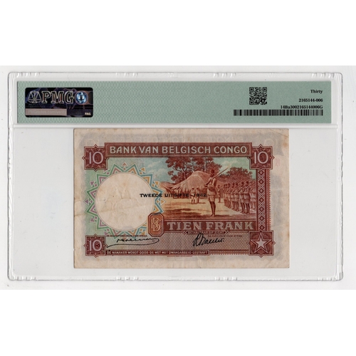 481 - Belgian Congo 10 Francs dated 10th July 1942, overprint 'Deuxieme Emission - 1942, serial K728118 (B... 