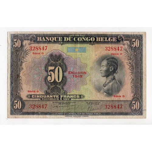 482 - Belgian Congo 50 Francs issued 1945, series D note with 'Emission-1945' overprint, serial no. D 3288... 