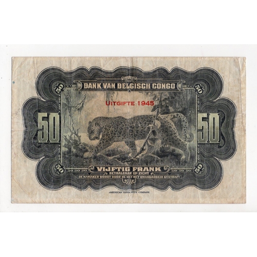 482 - Belgian Congo 50 Francs issued 1945, series D note with 'Emission-1945' overprint, serial no. D 3288... 