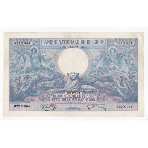 491 - Belgium 10000 Francs = 2000 Belgas dated 2nd March 1938, serial 022.X.864 (BNB B568b, Pick105) origi... 