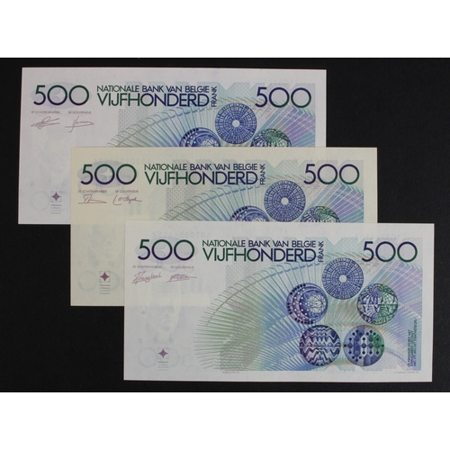 494 - Belgium 500 Francs (3) issued 1982 - 1998, 3 x different signatures (BNB B586, Pick143) all Uncircul... 