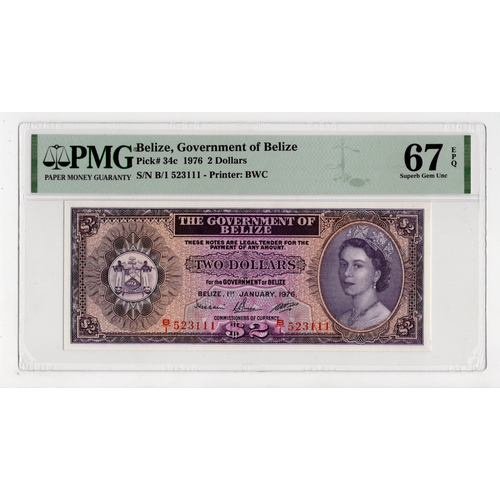 496 - Belize 2 Dollars dated 1st January 1976, Queen Elizabeth II portrait at right, serial B/1 523111 (BN... 