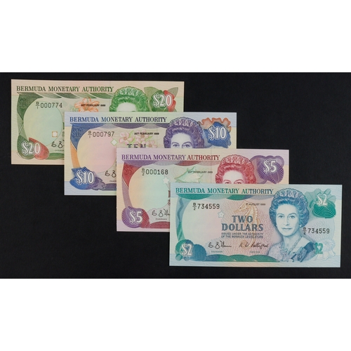 498 - Bermuda (4), 20 Dollars, 10 Dollars, 5 Dollars dated 20th February 1989 and 2 Dollars dated 1st Augu... 