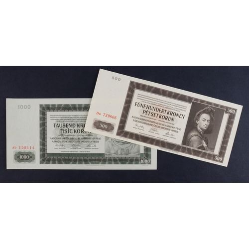 501 - Bohemia & Moravia (2), 1000 Korun dated 1942 2nd Auflage, issued note NOT perforated, serial Ab 1581... 