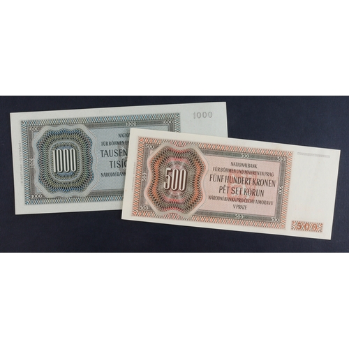 501 - Bohemia & Moravia (2), 1000 Korun dated 1942 2nd Auflage, issued note NOT perforated, serial Ab 1581... 