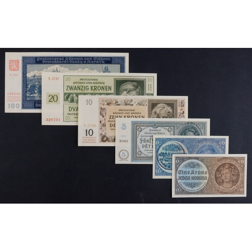 502 - Bohemia & Moravia (6), 100 Korun dated 1940, 20 Korun dated 1944, 10 Korun dated 1942, 5 Korun issue... 