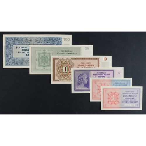 502 - Bohemia & Moravia (6), 100 Korun dated 1940, 20 Korun dated 1944, 10 Korun dated 1942, 5 Korun issue... 