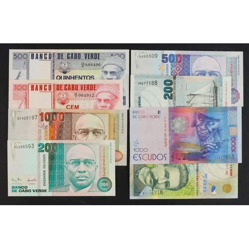 520 - Cape Verde (8), comprising 100 Escudos & 500 Escudos dated 1977, 1000 Escudos, 500 Escudos and 200 E... 