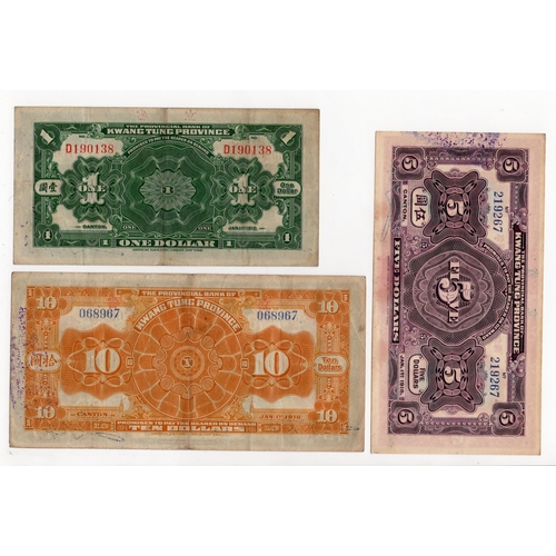 526 - China (3), Provincial Bank of Kwang Tung Province 1 Dollar, 5 Dollars and 10 Dollars dated 1918, Eng... 