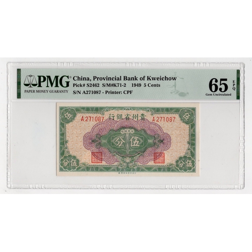 533 - China 5 Cents dated 1949, Provincial Bank of Kweichow, serial A271087 (PickS2462) in PMG holder grad... 