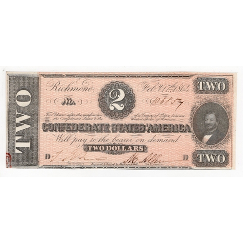 540 - Confederate States of America 2 Dollars dated 17th February 1864, Plate 9D (Pick66b) a few dents, or... 