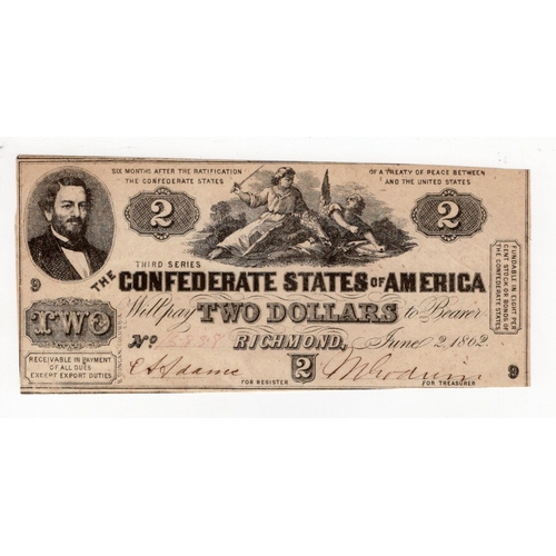 541 - Confederate States of America 2 Dollars dated 2nd June 1862, Plate 9 Third Series (Pick41) original ... 