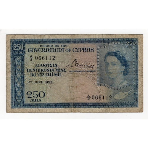 542 - Cyprus 250 Mils dated 1st June 1955, first date of issue, serial A/2 066112 (BNB B133a, Pick33a) pin... 