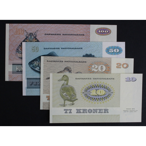 549 - Denmark (4), 100 Kroner dated 1988, 50 Kroner dated 1990, 20 Kroner dated 1983 and 10 Kroner dated 1... 