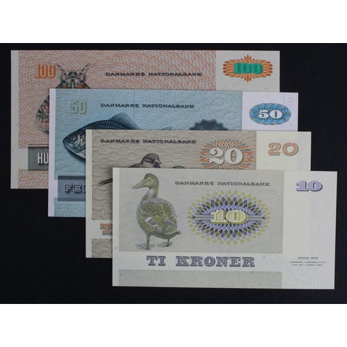 550 - Denmark (4), 100 Kroner dated 1998, 50 Kroner dated 1993, 20 Kroner dated 1988 and 10 Kroner dated 1... 