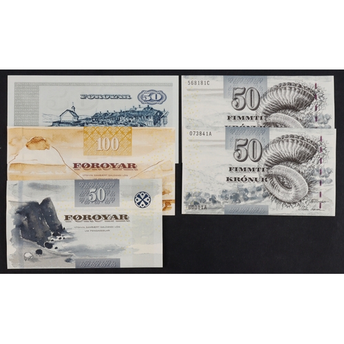 560 - Faeroe Islands (5), 100 Kronur dated 2002, 50 Kronur dated 1994, 50 Kronur dated 2001 (2), 50 Kronur... 