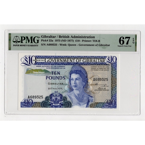 600 - Gibraltar 10 Pounds dated 20th November 1975, rarer date, serial A689325 (BNB B120a, Pick22a) in PMG... 