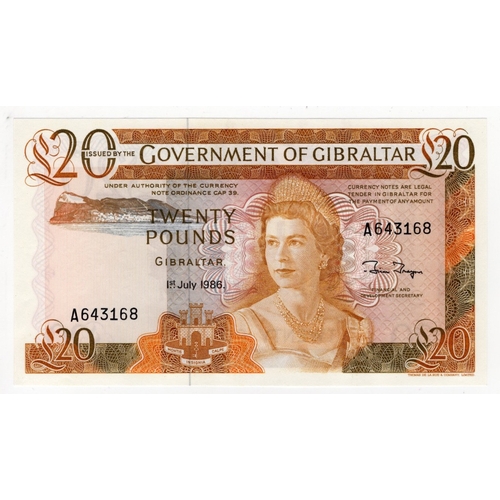 601 - Gibraltar 20 Pounds dated 1st July 1986, serial A643168 (BNB B121c, Pick23c) crisp Uncirculated