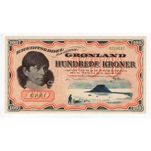 607 - Greenland 100 Kroner dated 16th January 1953, SPECIMEN Credit Note with monoweight serial number, pe... 