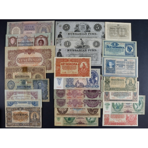 611 - Hungary (22), including 30 Pengo dated 1849, 25 Kronen 1918, 1 and 5 Dollars Hungarian Fund 1852 (th... 