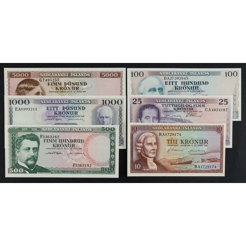 613 - Iceland (6), 5000 Kronur, 1000 Kronur, 500 Kronur, 100 Kronur, 25 Kronur & 10 Kronur dated 1961 (BNB... 