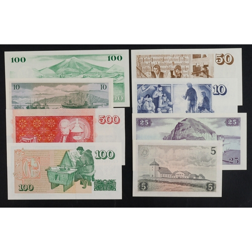 614 - Iceland (8), 5 Kronur, 10 Kronur, 25 Kronur and 100 Kronur dated 1957, 500 Kronur dated 2001, 100 Kr... 