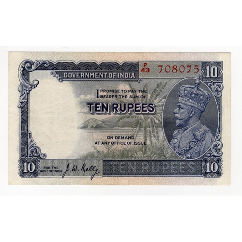 619 - India 10 Rupees issued 1928 - 1935, portrait King George V at right, signed J.W. Kelly, serial P/43 ... 