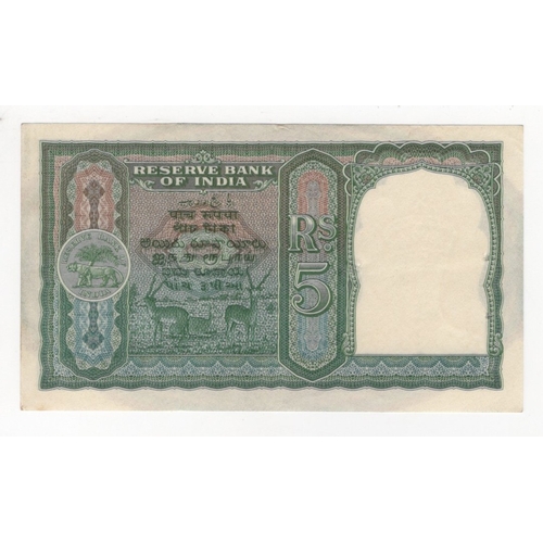 631 - India 5 Rupees issued 1943, signed C.D. Deshmukh, portrait King George VI at right, BLACK serial num... 