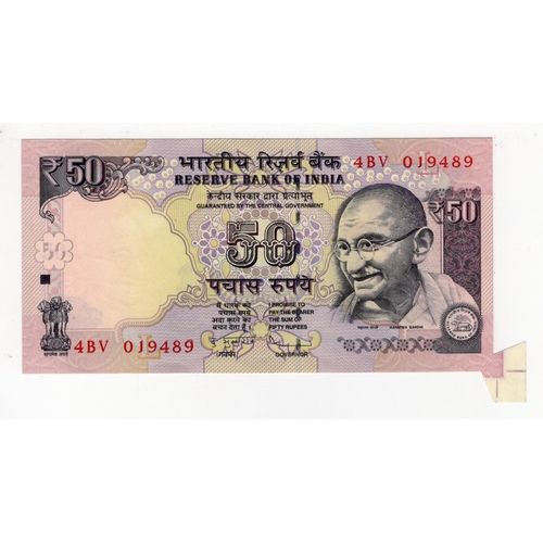 633 - India 50 Rupees dated 2012, ERROR note with extra paper at bottom right corner, serial 4BV 019489 (B... 