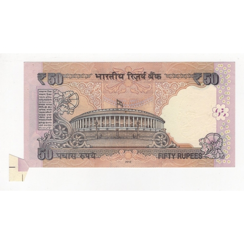 633 - India 50 Rupees dated 2012, ERROR note with extra paper at bottom right corner, serial 4BV 019489 (B... 