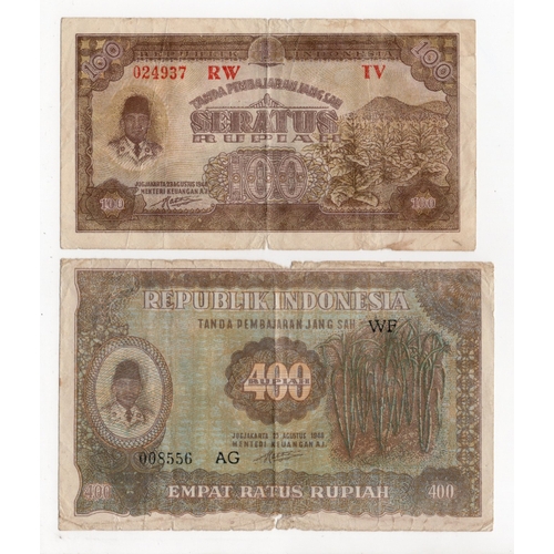 639 - Indonesia (2), 100 Rupiah & 400 Rupiah dated 23rd August 1948, serial 008556 AG and 024937 RW (BNB B... 