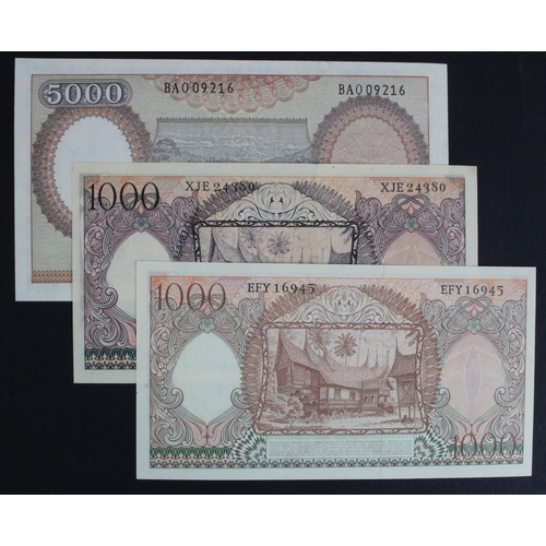 645 - Indonesia (3), 5000 Rupiah & 1000 Rupiah (2 types) including a REPLACEMENT note dated 1958, serial B... 