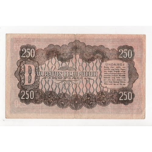 657 - Indonesia 250 Rupiah dated 26th July 1947, serial 034444 RL (BNB B116a, Pick30a) Fine+